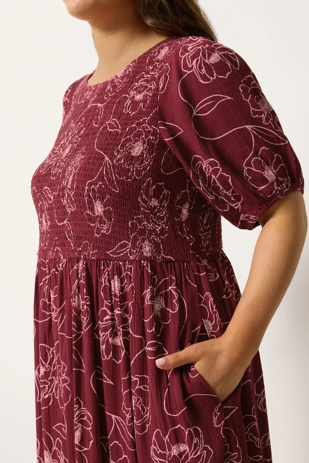 Yours Curve Red Floral Swirl Puff Sleeve Shirred Dress - 18 Image 5