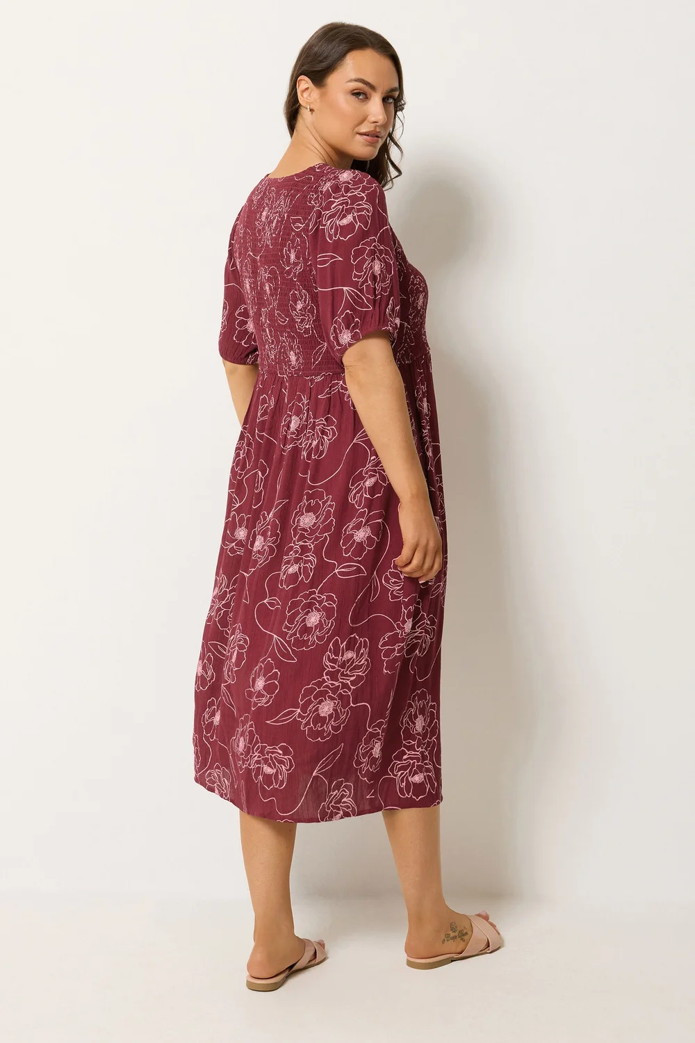 Yours Curve Red Floral Swirl Puff Sleeve Shirred Dress - 18 Image 4