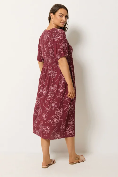 Yours Curve Red Floral Swirl Puff Sleeve Shirred Dress - 18 Image 4