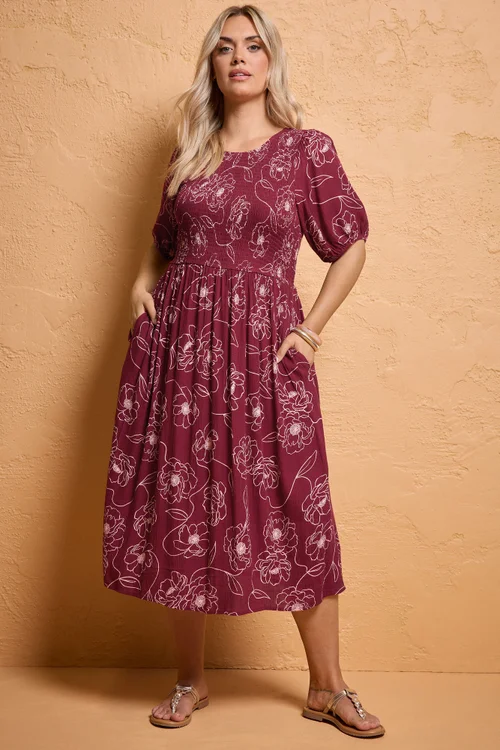 Yours Curve Red Floral Swirl Puff Sleeve Shirred Dress - 18 Image 1