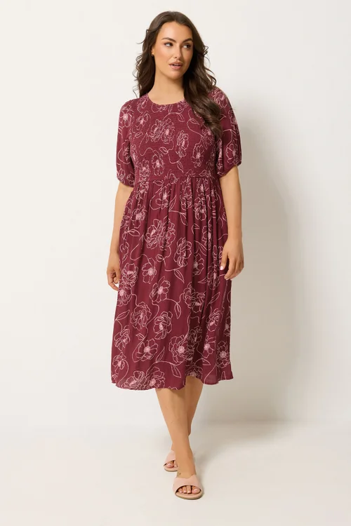Yours Curve Red Floral Swirl Puff Sleeve Shirred Dress - 18 Image 3