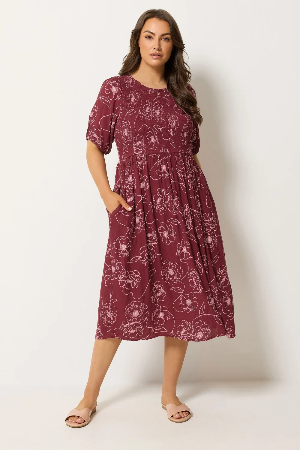Yours Curve Red Floral Swirl Puff Sleeve Shirred Dress - 18 Image 2