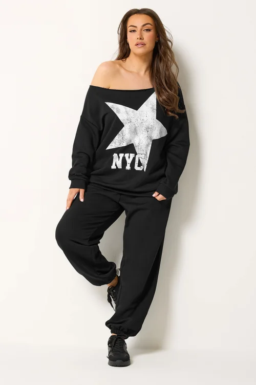 Yours Curve Black 'NYC' Slouch Sweatshirt & Jogger Set - 26-28 Image 1