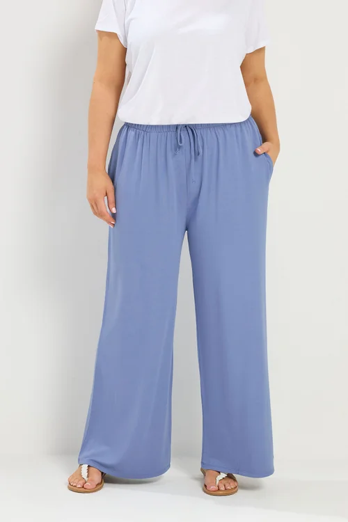 Yours Curve Blue Soft Touch Wide Leg Trousers - 18/L30 Image 1
