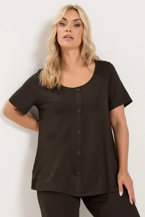 Yours Curve Chocolate Brown Button Front Top - 30-32 Image 1