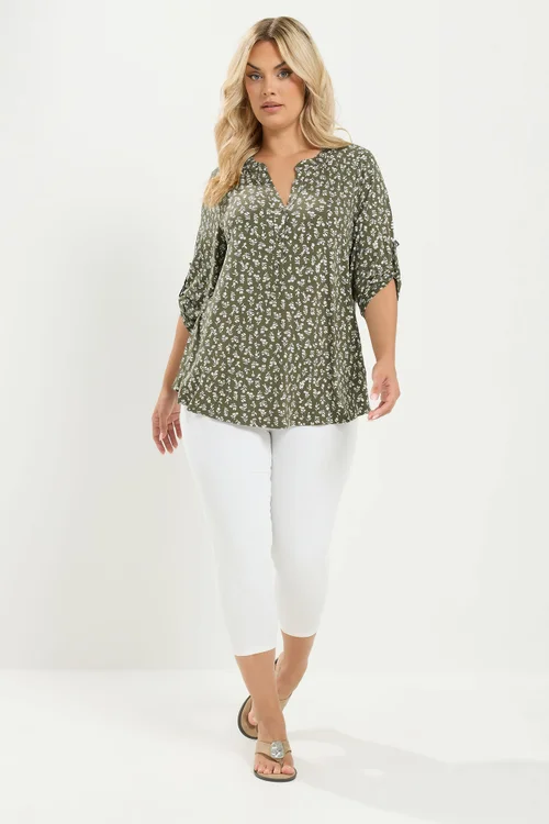 Yours Curve Khaki Green Ditsy Floral Top - 20 Image 2