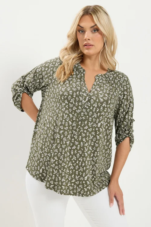 Yours Curve Khaki Green Ditsy Floral Top - 20 Image 1