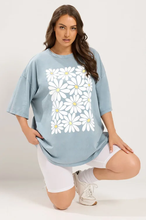 Yours Curve Light Blue Acid Wash Boxy Daisy Print T-Shirt - 14 Image 1