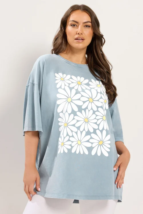 Yours Curve Light Blue Acid Wash Boxy Daisy Print T-Shirt - 14 Image 2