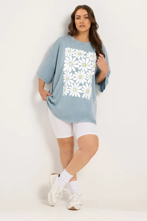 Yours Curve Light Blue Acid Wash Boxy Daisy Print T-Shirt - 14 Image 3