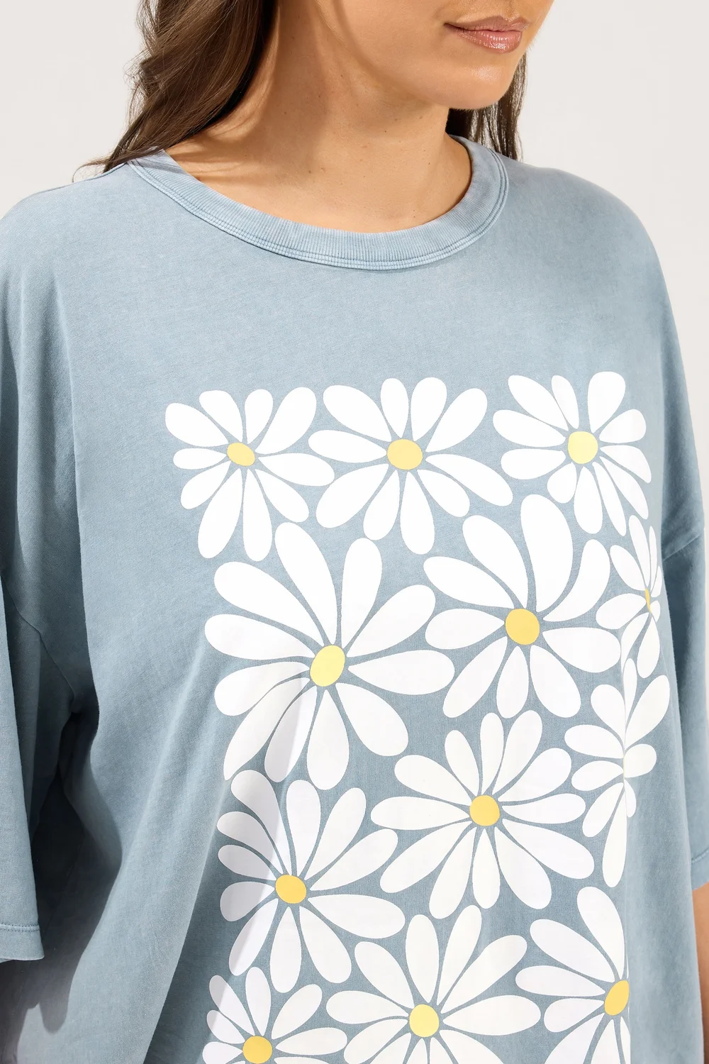 Yours Curve Light Blue Acid Wash Boxy Daisy Print T-Shirt - 14 Image 5