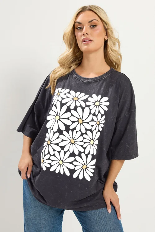 Yours Curve Grey Acid Wash Boxy Daisy Print T-Shirt - 26-28 Image 2