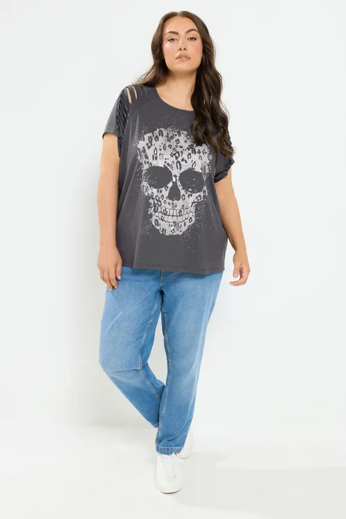 Yours Curve Grey Skull Print Laser Cut T-Shirt - 14 Image 2