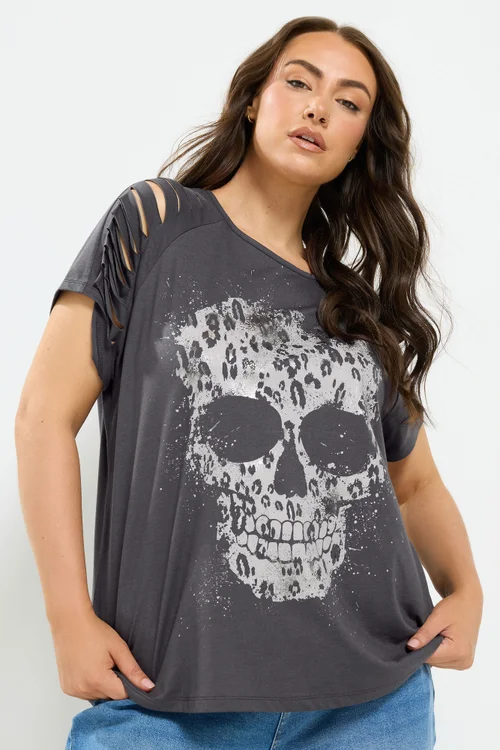 Yours Curve Grey Skull Print Laser Cut T-Shirt - 14 Image 1