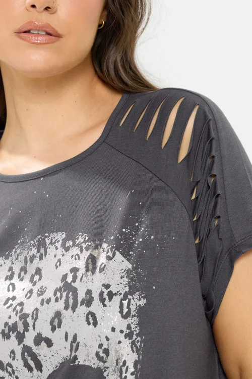 Yours Curve Grey Skull Print Laser Cut T-Shirt - 14 Image 4