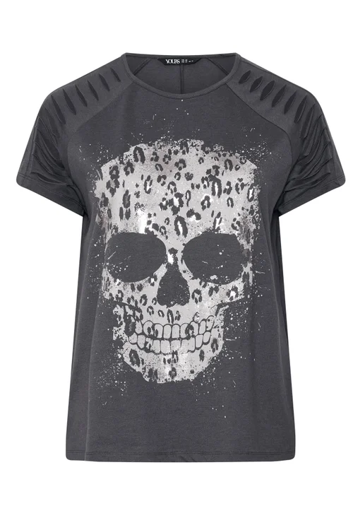 Yours Curve Grey Skull Print Laser Cut T-Shirt - 14 Image 5