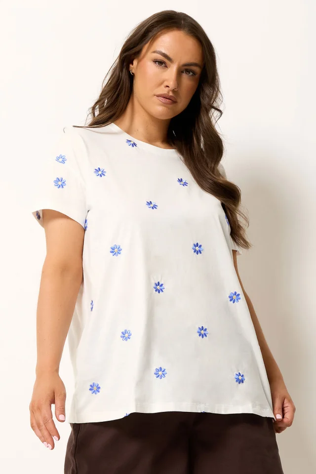 Yours Curve White Embroidered Daisy T-Shirt