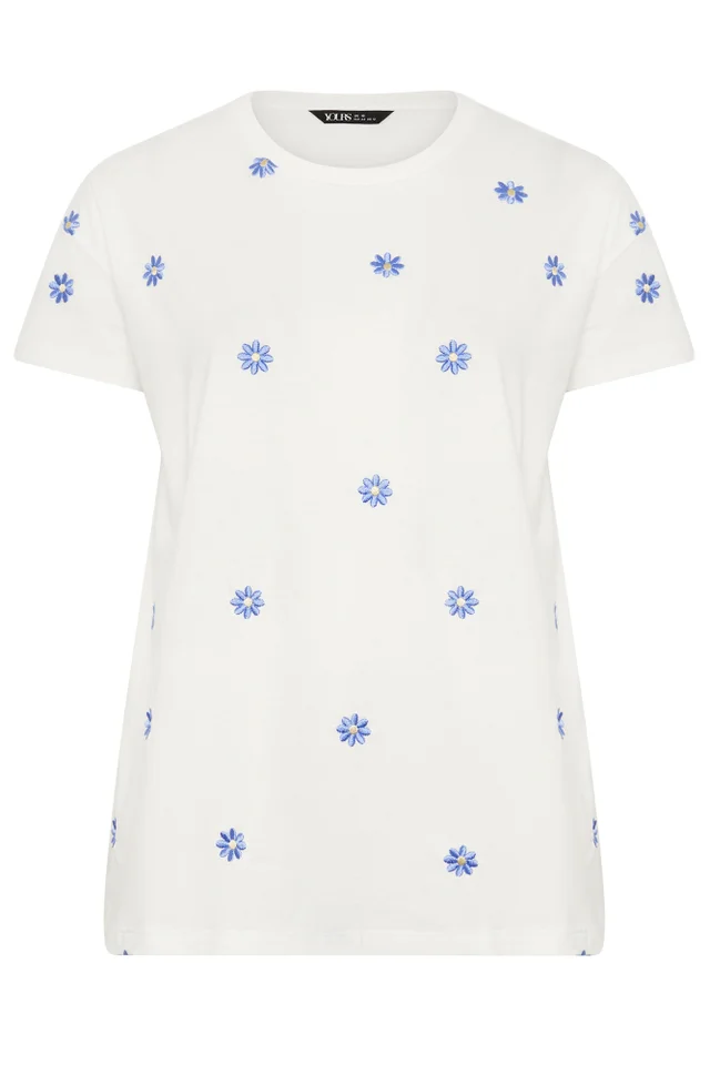 Yours Curve White Embroidered Daisy T-Shirt