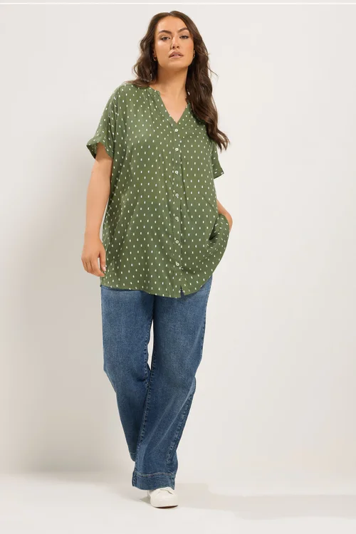 Yours Curve Green Notch Neck Dobby Blouse - 20 Image 2