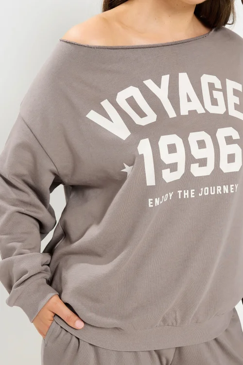 Yours Curve Brown 'Voyage' Off-Shoulder Sweatshirt & Jogger Set - 18 Image 4