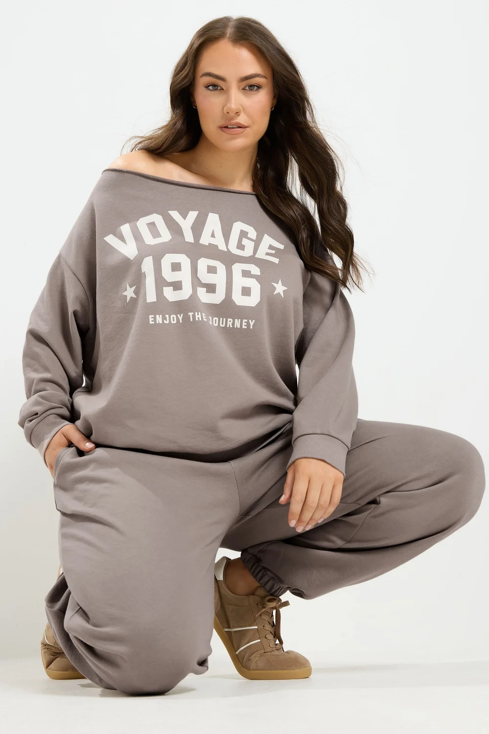 Yours Curve Brown 'Voyage' Off-Shoulder Sweatshirt & Jogger Set - 18 Image 2