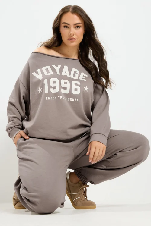 Yours Curve Brown 'Voyage' Off-Shoulder Sweatshirt & Jogger Set - 18 Image 2