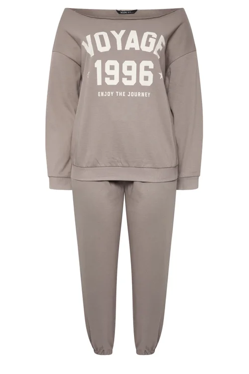 Yours Curve Brown 'Voyage' Off-Shoulder Sweatshirt & Jogger Set - 18 Image 5