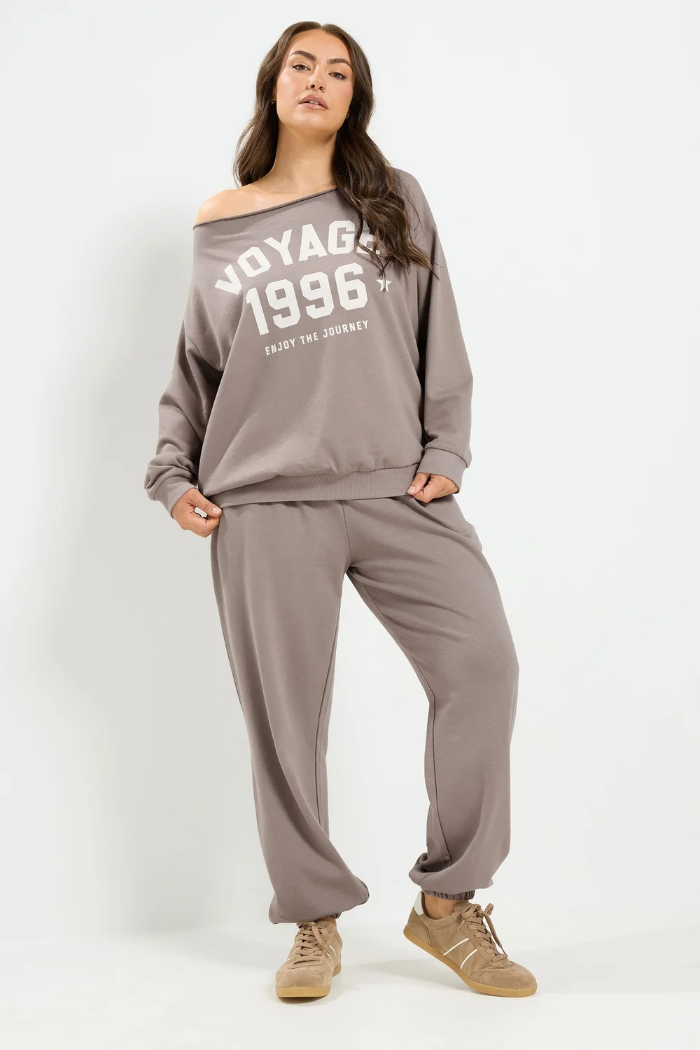 Yours Curve Brown 'Voyage' Off-Shoulder Sweatshirt & Jogger Set - 18 Image 1