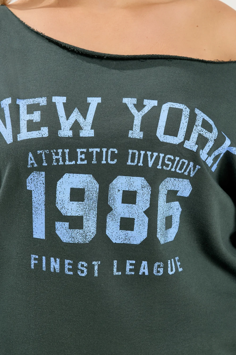Yours Curve Green Set 'New York' Off Shoulder Sweatshirt & Joggers - 26-28 Image 4