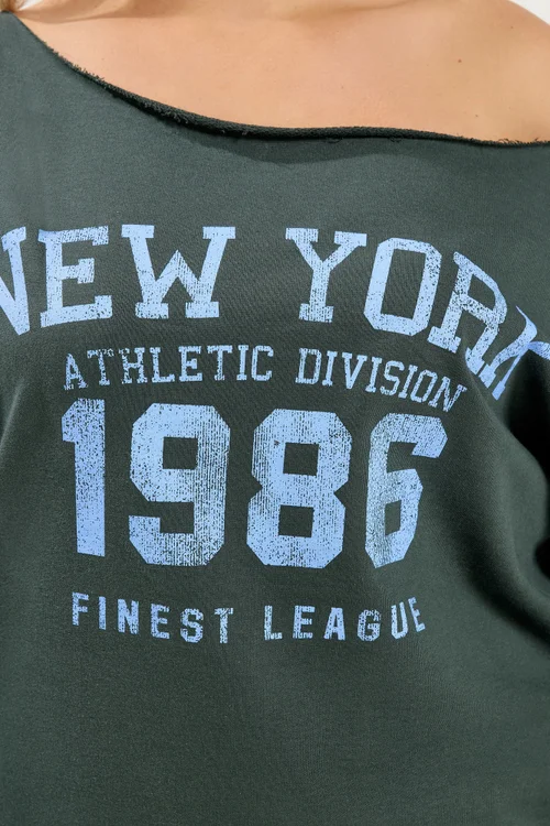 Yours Curve Green Set 'New York' Off Shoulder Sweatshirt & Joggers - 26-28 Image 4