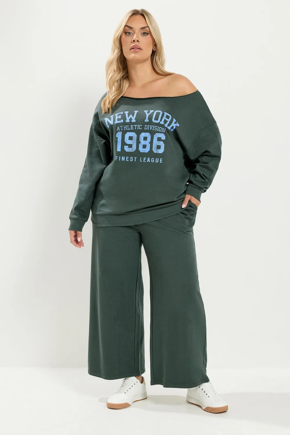 Yours Curve Green Set 'New York' Off Shoulder Sweatshirt & Joggers - 26-28 Image 2