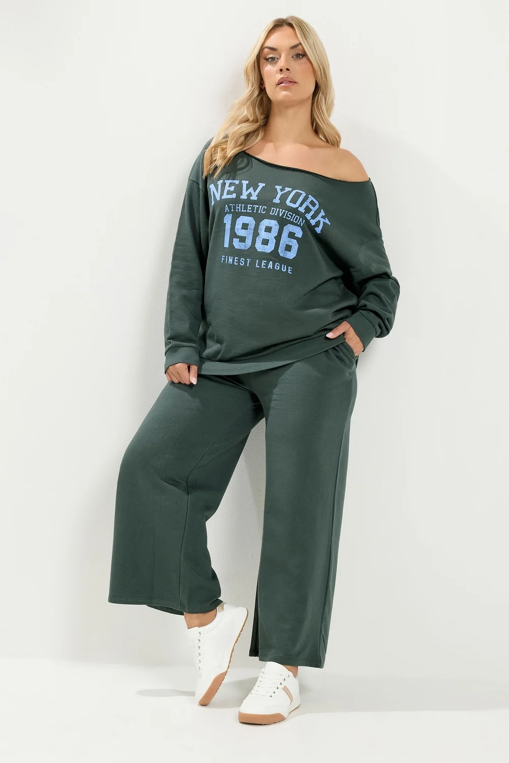 Yours Curve Green Set 'New York' Off Shoulder Sweatshirt & Joggers - 26-28 Image 1