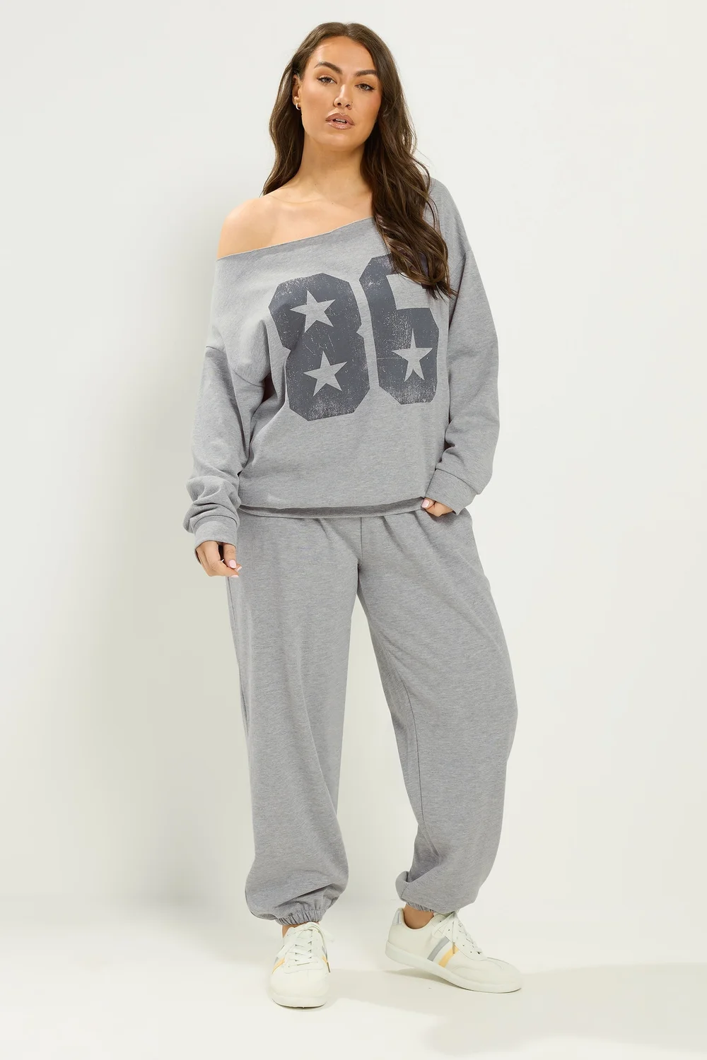 Yours Curve Grey '86' Off-Shoulder Sweatshirt & Jogger Set - 14 Image 2