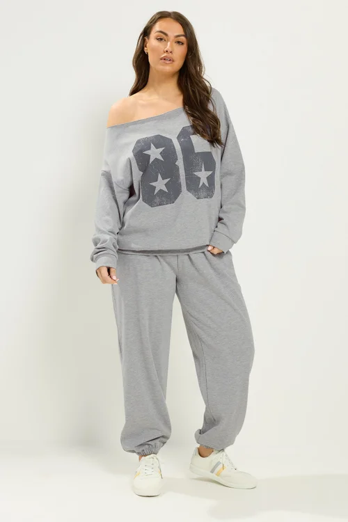 Yours Curve Grey '86' Off-Shoulder Sweatshirt & Jogger Set - 14 Image 2