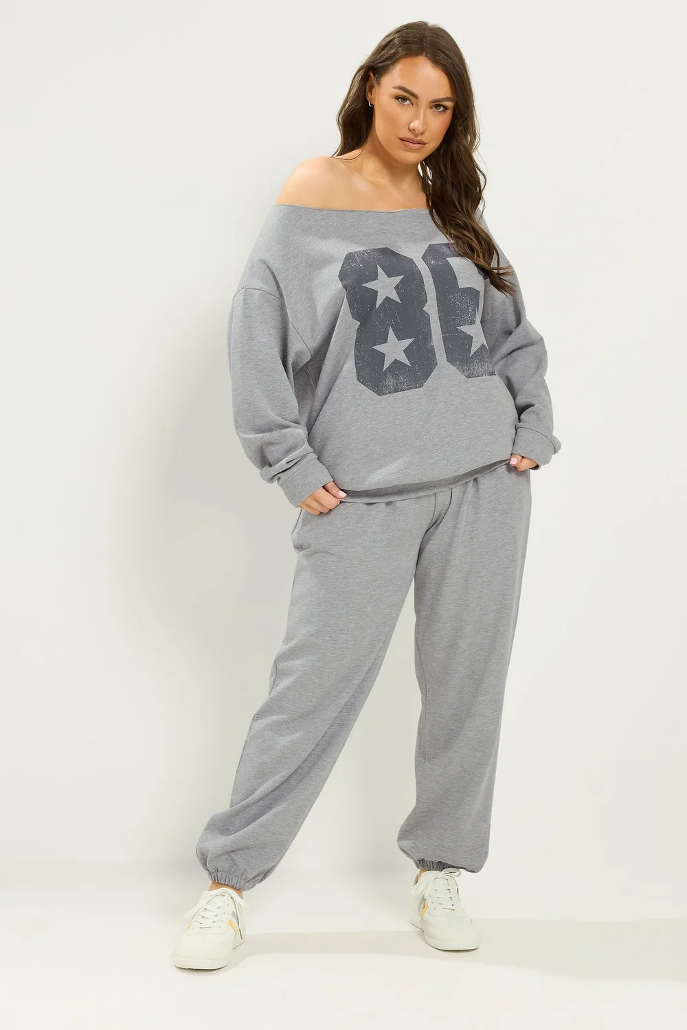 Yours Curve Grey '86' Off-Shoulder Sweatshirt & Jogger Set - 14 Image 1