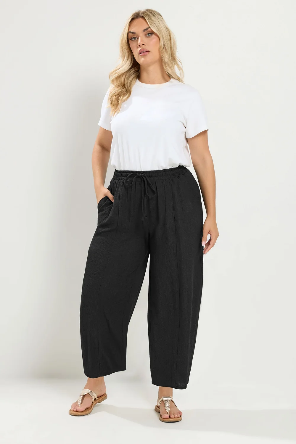 Yours Curve Black Crinkle Barrel Trousers - 22-24 Image 1