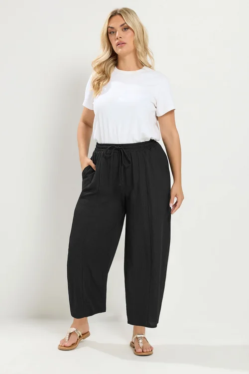 Yours Curve Black Crinkle Barrel Trousers - 22-24 Image 1
