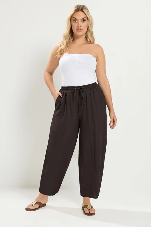 Yours Curve Chocolate Brown Crinkle Barrel Trousers - 26-28 Image 1