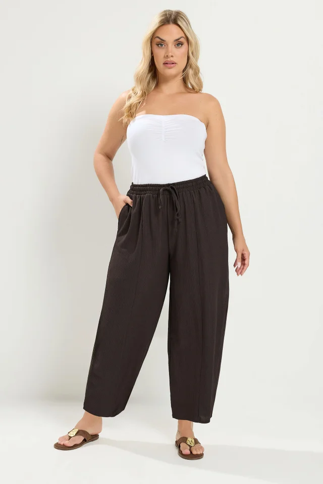 Yours Curve Chocolate Brown Crinkle Barrel Trousers