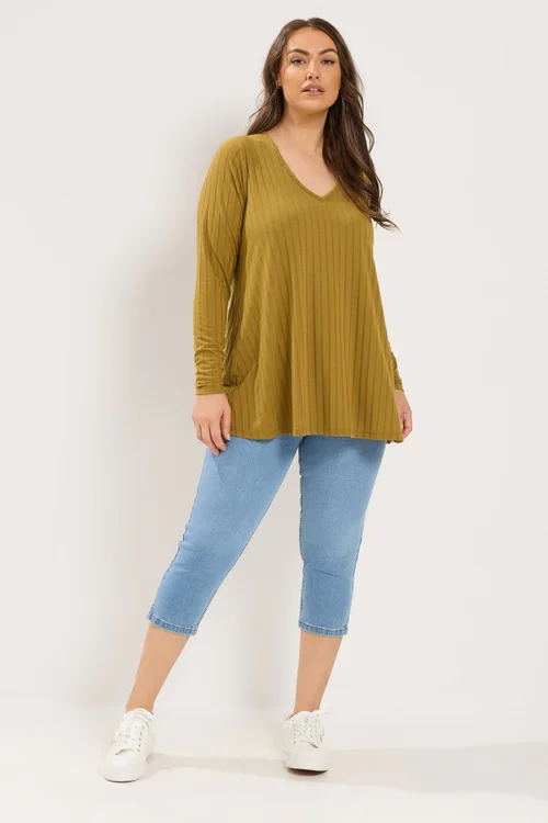 Yours Curve Yellow Ribbed Long Sleeve Top - 16 Image 2