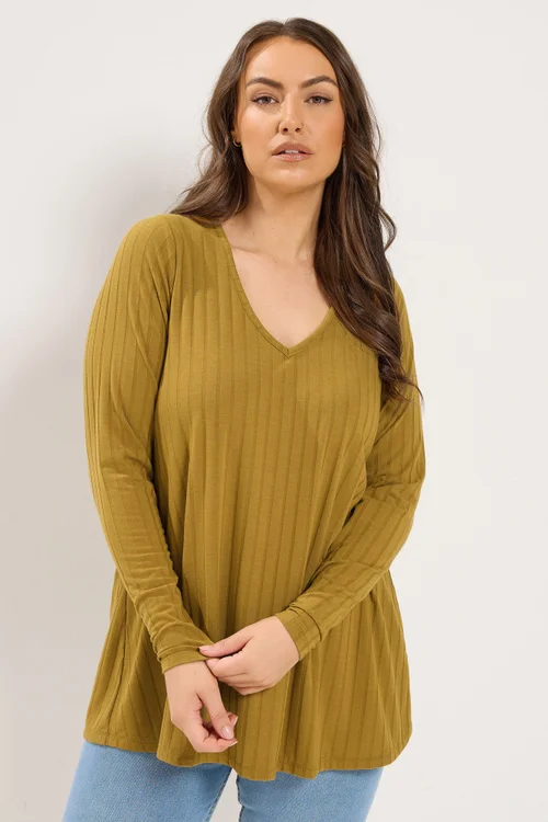 Yours Curve Yellow Ribbed Long Sleeve Top - 16 Image 1