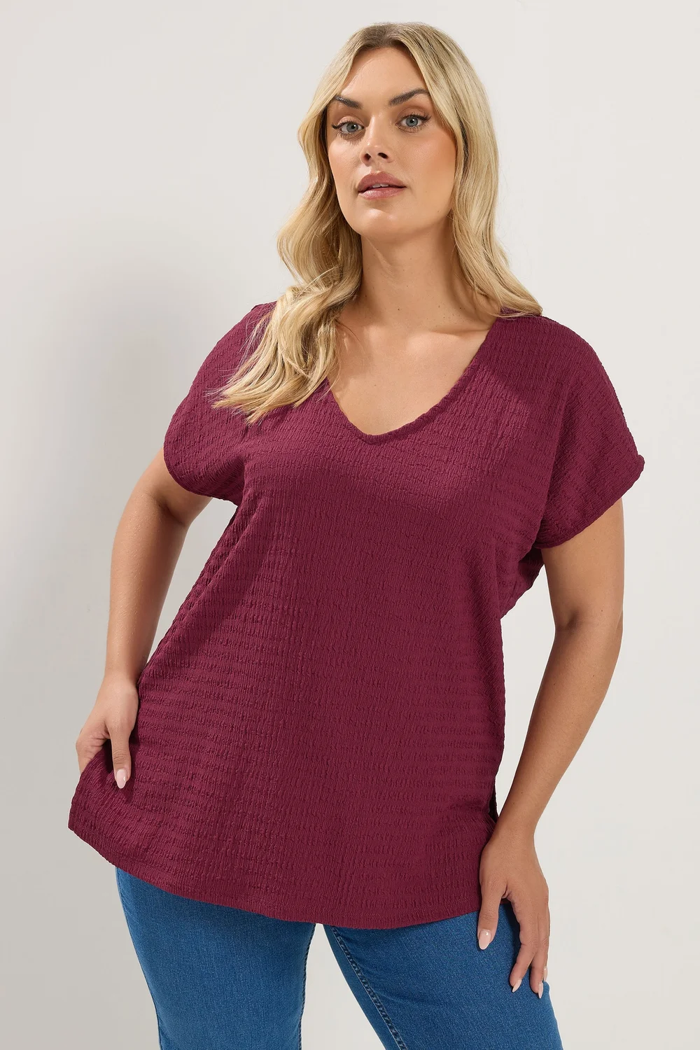 Yours Curve Red V-Neckline Texture T-Shirt - 16 Image 1