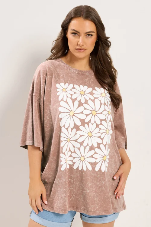 Yours Curve Pink Acid Wash Boxy Daisy Print T-Shirt - 18 Image 1
