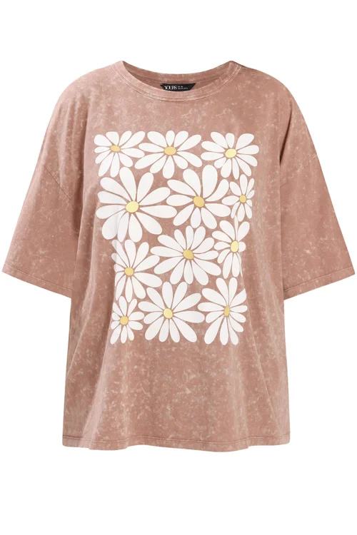 Yours Curve Pink Acid Wash Boxy Daisy Print T-Shirt - 18 Image 2