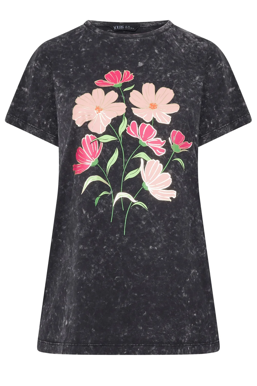 Yours Curve Grey Acid Wash Flower T-Shirt - 22-24 Image 5