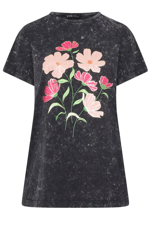 Yours Curve Grey Acid Wash Flower T-Shirt - 22-24 Image 5