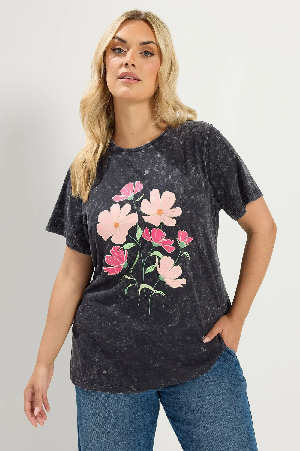Yours Curve Grey Acid Wash Flower T-Shirt - 22-24 Image 1