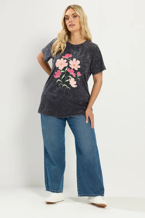 Yours Curve Grey Acid Wash Flower T-Shirt - 22-24 Image 2