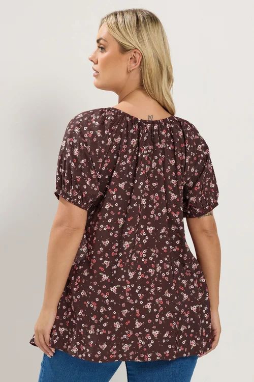 Yours Curve Chocolate Brown Floral Blouse - 18 Image 3