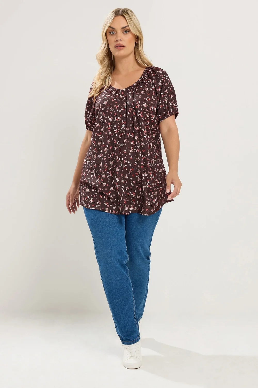 Yours Curve Chocolate Brown Floral Blouse - 18 Image 2
